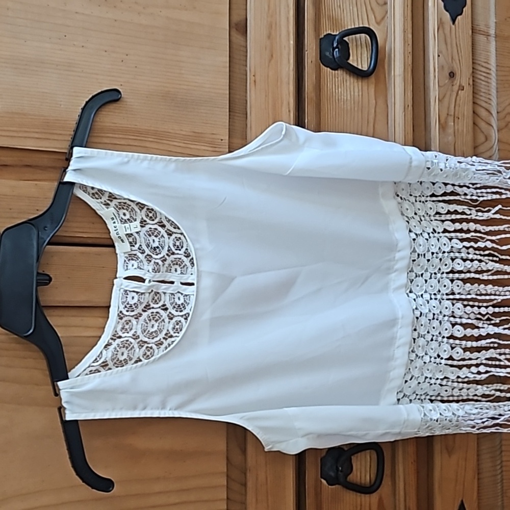 #1 Fringed halter, monteau size L, off white fringes are 8 inches long